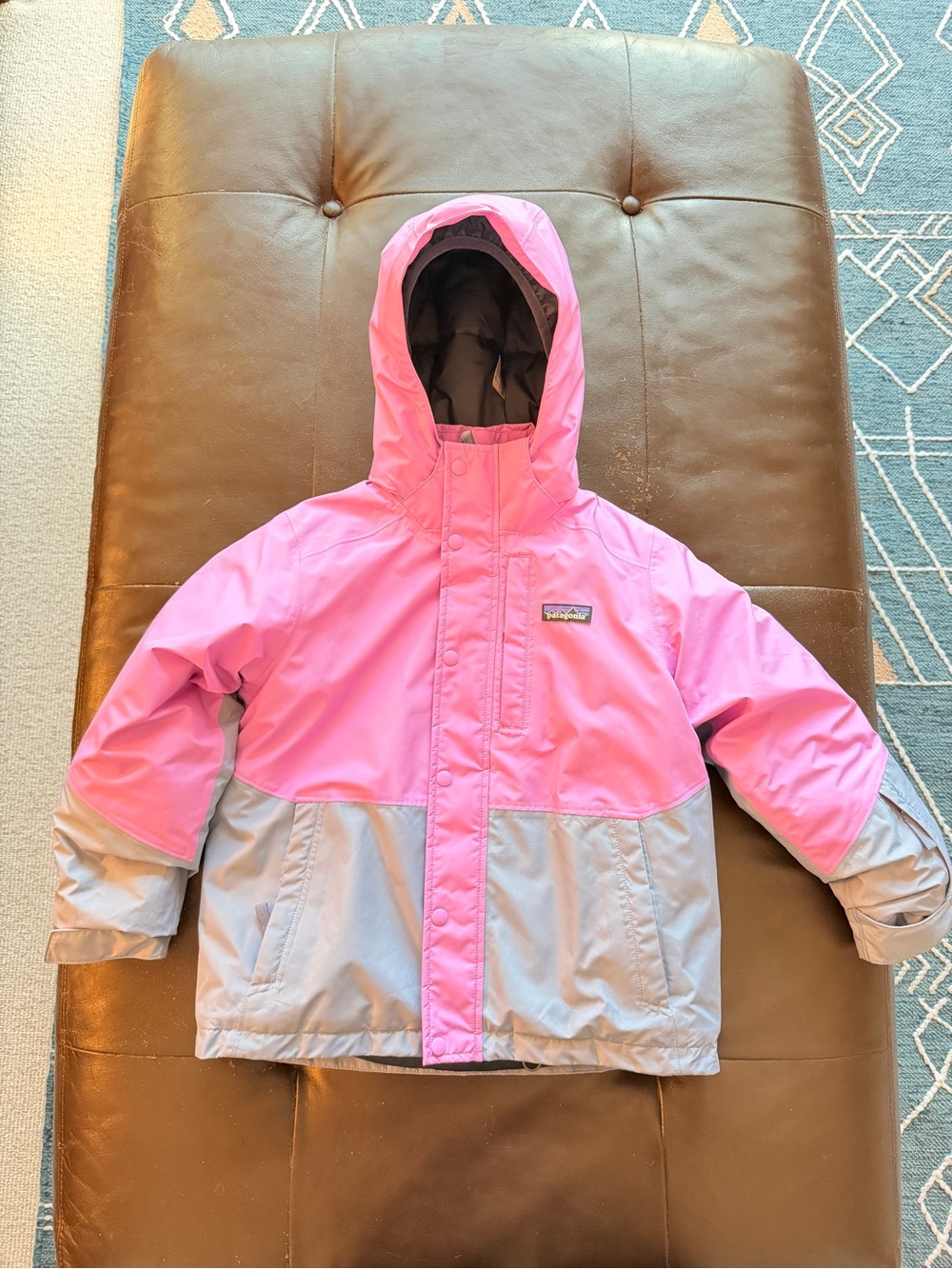 Patagonia Girls Pink and Light Gray Hooded Winter Jacket XS (5-6)
